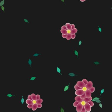 Basit renkli çiçekleri ve arka planda yeşil yaprakları olan güzel kompozisyon, vektör illüstrasyonu