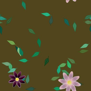 Serbest kompozisyonda yeşil yapraklı basit çiçekler, vektör illüstrasyonu