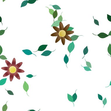 Basit renkli çiçekleri ve beyaz arkaplanda yeşil yaprakları olan güzel kompozisyon, vektör illüstrasyonu  