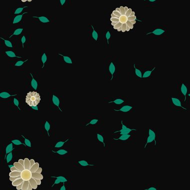 basit renkli çiçekleri olan serbest kompozisyon ve duvar kağıdı için yeşil yapraklar, vektör illüstrasyonu