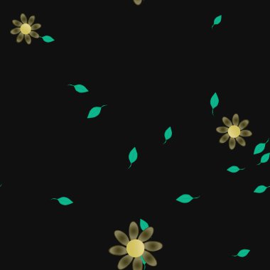 Basit renkli çiçekleri ve siyah arkaplanda yeşil yaprakları olan güzel kompozisyon, vektör illüstrasyonu 