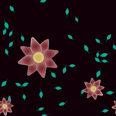 Basit çiçek ve yeşil yapraklı tasarım kompozisyonu, vektör illüstrasyonu