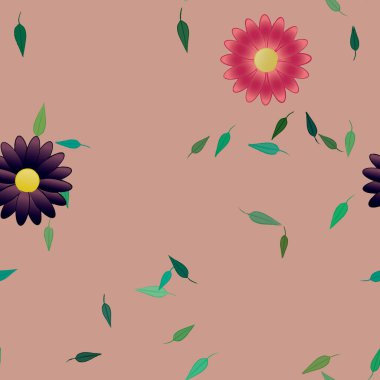 basit renkli çiçekleri olan serbest kompozisyon ve duvar kağıdı için yeşil yapraklar, vektör illüstrasyonu