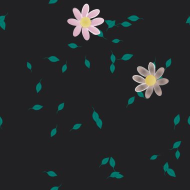 Serbest kompozisyonda yeşil yapraklı basit çiçekler, vektör illüstrasyonu