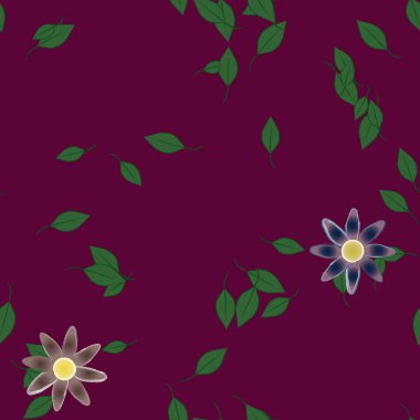 Basit renkli çiçekleri ve arka planda yeşil yaprakları olan güzel kompozisyon, vektör illüstrasyonu