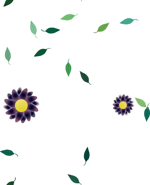 Vakker Sammensetning Med Enkle Fargede Blomster Grønne Blader Hvit Bakgrunn – stockvektor