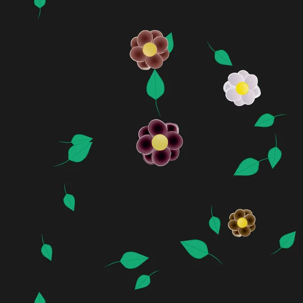 Modèle Vectoriel Avec Des Fleurs Colorées Simples Des Feuilles Vertes — Image vectorielle