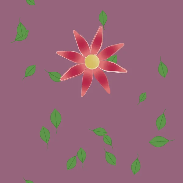 ピンクの背景にシンプルな色の花と緑の葉で構成された美しい構図ベクトルイラスト — ストックベクタ