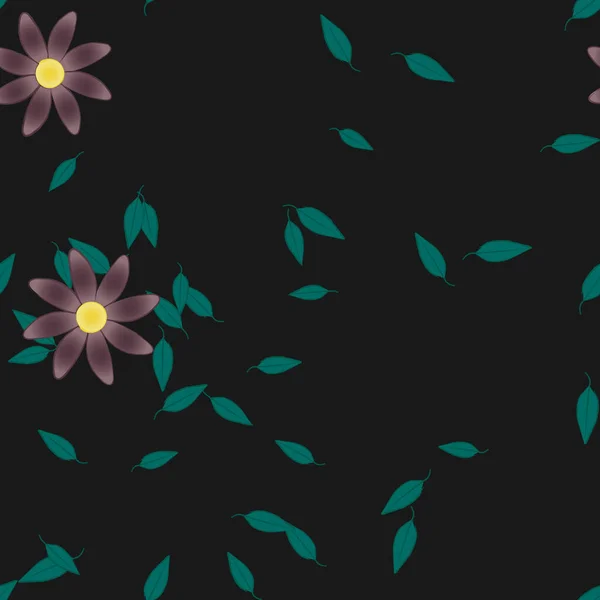 Όμορφη Σύνθεση Απλά Χρωματιστά Λουλούδια Και Πράσινα Φύλλα Μαύρο Φόντο — Διανυσματικό Αρχείο