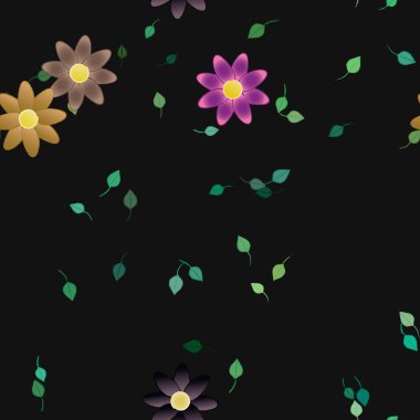 Basit renkli çiçekleri ve arka planda yeşil yaprakları olan güzel kompozisyon, vektör illüstrasyonu