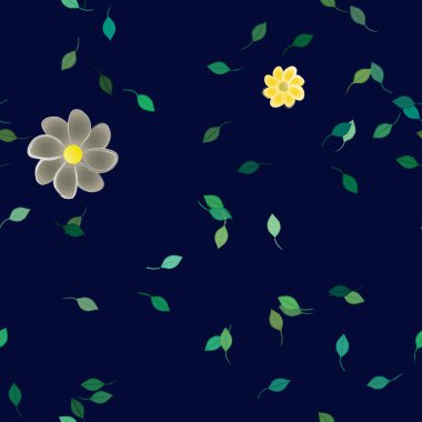 Serbest kompozisyonda yeşil yapraklı basit çiçekler, vektör illüstrasyonu