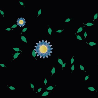 Serbest kompozisyonda yeşil yapraklı basit çiçekler, vektör illüstrasyonu