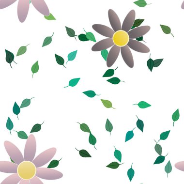 basit renkli çiçekleri olan serbest kompozisyon ve duvar kağıdı için yeşil yapraklar, vektör illüstrasyonu