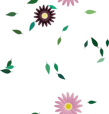 Basit renkli çiçekleri ve arka planda yeşil yaprakları olan güzel kompozisyon, vektör illüstrasyonu