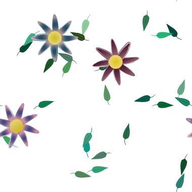 Basit renkli çiçekleri ve arka planda yeşil yaprakları olan güzel kompozisyon, vektör illüstrasyonu