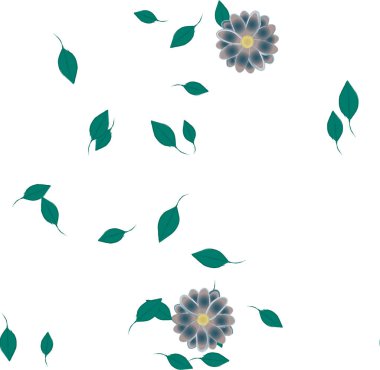 basit renkli çiçekleri olan serbest kompozisyon ve duvar kağıdı için yeşil yapraklar, vektör illüstrasyonu