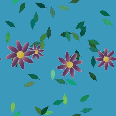 Basit renkli çiçekleri ve arka planda yeşil yaprakları olan güzel kompozisyon, vektör illüstrasyonu