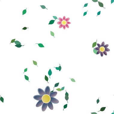 Basit renkli çiçekleri ve arka planda yeşil yaprakları olan güzel kompozisyon, vektör illüstrasyonu