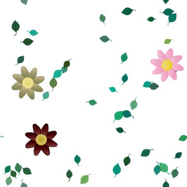 basit renkli çiçekleri olan serbest kompozisyon ve duvar kağıdı için yeşil yapraklar, vektör illüstrasyonu