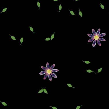 Serbest kompozisyonda yeşil yapraklı basit çiçekler, vektör illüstrasyonu