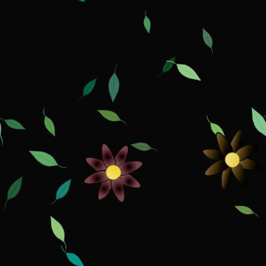 Basit renkli çiçekleri ve arka planda yeşil yaprakları olan güzel kompozisyon, vektör illüstrasyonu