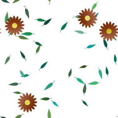 basit renkli çiçekleri olan serbest kompozisyon ve duvar kağıdı için yeşil yapraklar, vektör illüstrasyonu