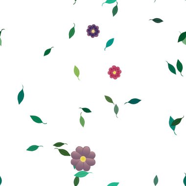 Serbest kompozisyonda yeşil yapraklı basit çiçekler, vektör illüstrasyonu