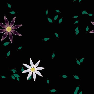 Serbest kompozisyonda yeşil yapraklı basit çiçekler, vektör illüstrasyonu