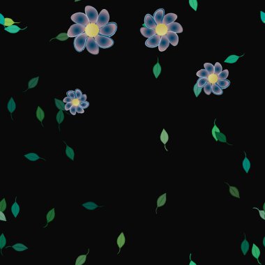 Basit renkli çiçekleri ve arka planda yeşil yaprakları olan güzel kompozisyon, vektör illüstrasyonu