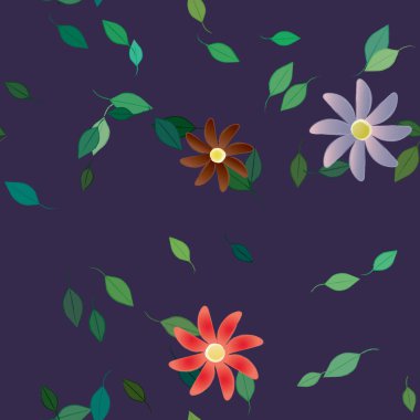 basit renkli çiçekleri olan serbest kompozisyon ve duvar kağıdı için yeşil yapraklar, vektör illüstrasyonu