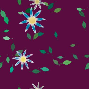 Serbest kompozisyonda yeşil yapraklı basit çiçekler, vektör illüstrasyonu