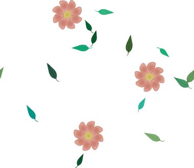 Serbest kompozisyonda yeşil yapraklı basit çiçekler, vektör illüstrasyonu