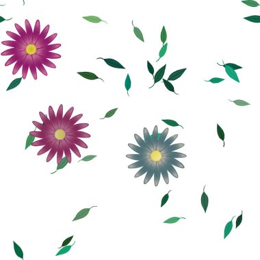 Basit renkli çiçekleri ve arka planda yeşil yaprakları olan güzel kompozisyon, vektör illüstrasyonu