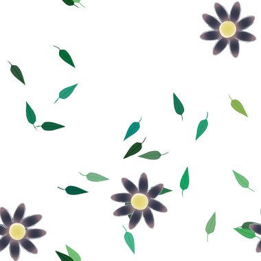 Basit renkli çiçekleri ve arka planda yeşil yaprakları olan güzel kompozisyon, vektör illüstrasyonu