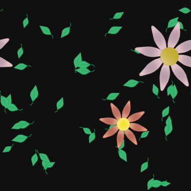 Serbest kompozisyonda yeşil yapraklı basit çiçekler, vektör illüstrasyonu