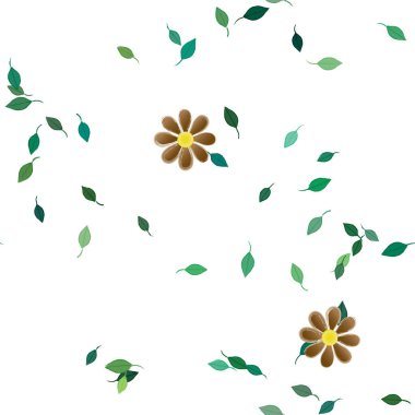 Basit renkli çiçekleri ve arka planda yeşil yaprakları olan güzel kompozisyon, vektör illüstrasyonu