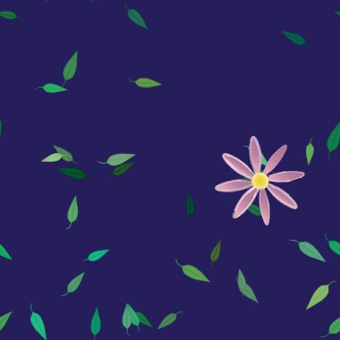 Basit renkli çiçekleri ve arka planda yeşil yaprakları olan güzel kompozisyon, vektör illüstrasyonu