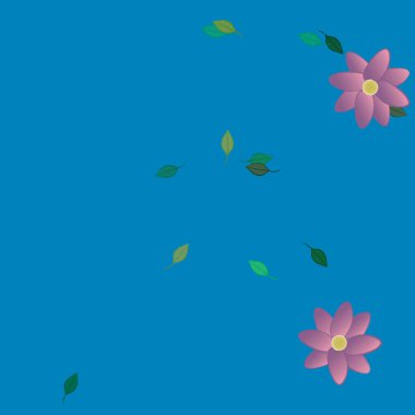 Basit renkli çiçekleri ve arka planda yeşil yaprakları olan güzel kompozisyon, vektör illüstrasyonu