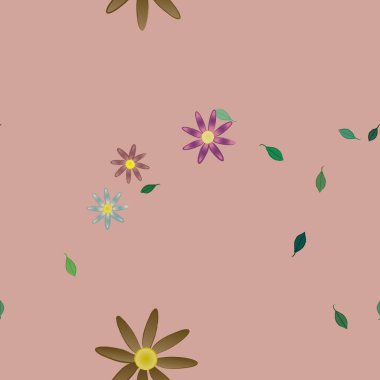 Basit renkli çiçekleri ve arka planda yeşil yaprakları olan güzel kompozisyon, vektör illüstrasyonu