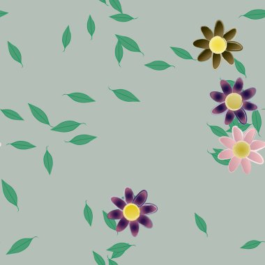 basit renkli çiçekleri olan serbest kompozisyon ve duvar kağıdı için yeşil yapraklar, vektör illüstrasyonu