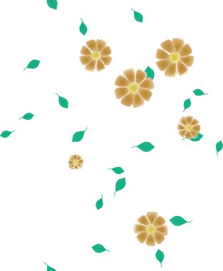 Serbest kompozisyonda yeşil yapraklı basit çiçekler, vektör illüstrasyonu