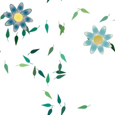 Basit renkli çiçekleri ve arka planda yeşil yaprakları olan güzel kompozisyon, vektör illüstrasyonu