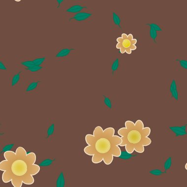 Basit renkli çiçekleri ve arka planda yeşil yaprakları olan güzel kompozisyon, vektör illüstrasyonu