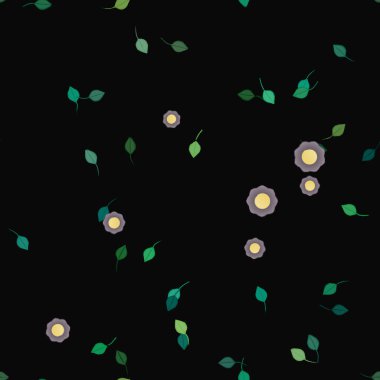 basit renkli çiçekleri olan serbest kompozisyon ve duvar kağıdı için yeşil yapraklar, vektör illüstrasyonu