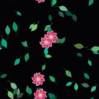 Basit çiçek ve yeşil yapraklı tasarım kompozisyonu, vektör illüstrasyonu