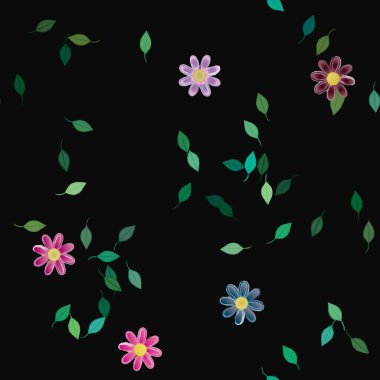 Basit çiçek ve yeşil yapraklı tasarım kompozisyonu, vektör illüstrasyonu