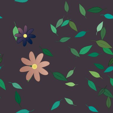 basit renkli çiçekleri olan serbest kompozisyon ve duvar kağıdı için yeşil yapraklar, vektör illüstrasyonu