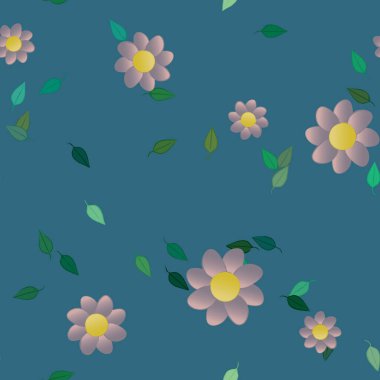 Basit renkli çiçekleri ve arka planda yeşil yaprakları olan güzel kompozisyon, vektör illüstrasyonu