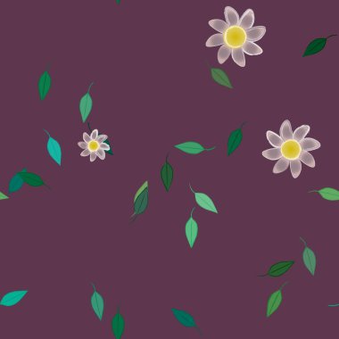 Basit renkli çiçekleri ve arka planda yeşil yaprakları olan güzel kompozisyon, vektör illüstrasyonu