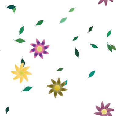 Basit renkli çiçekleri ve arka planda yeşil yaprakları olan güzel kompozisyon, vektör illüstrasyonu